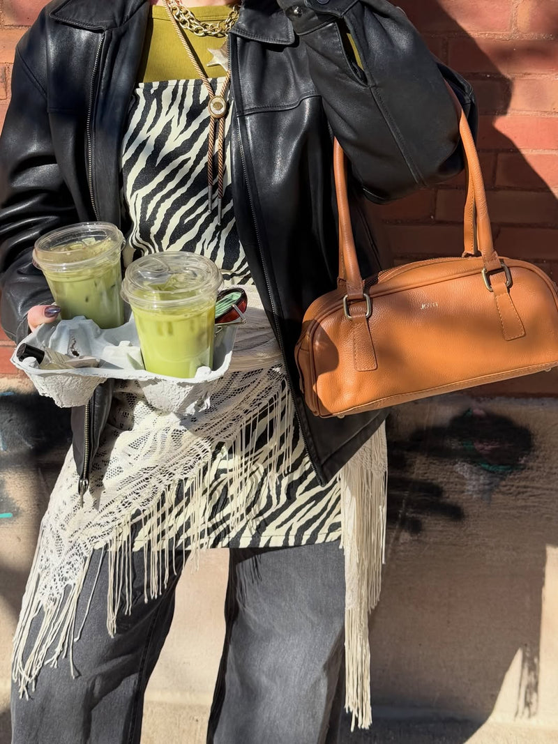Pebbled Leather Bowler Bag - Camel lifestyle image