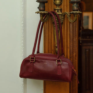 Pebbled Leather Bowler Bag - Cherry - JOYN